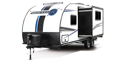 2022 Venture RV Sonic X SN220VRBX Travel Trailer Exterior Front 3-4 Off Door Side with Slide Out