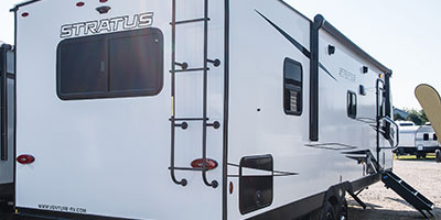 2022 Venture RV Stratus SR281VFD Travel Trailer Exterior Rear 3-4 Door Side
