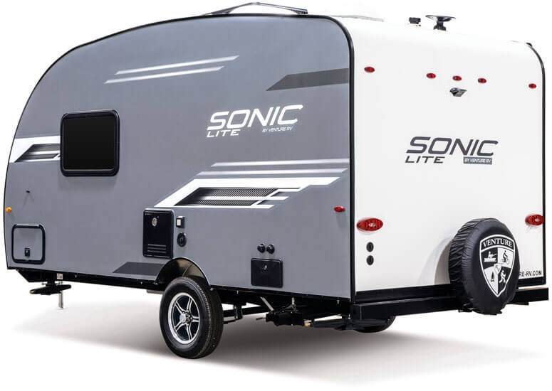 2024 Venture RV Sonic Lite SL150VRK Travel Trailer Tucked Rear Bumper and Spare Tire Carrier with Cover
