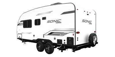2025 Venture RV Sonic SN190VRB Travel Trailer Exterior Rear 3-4 Off Door Side