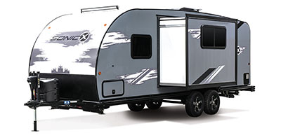 2023 Venture RV Sonic X SN220VRBX Travel Trailer Exterior Front 3-4 Off Door Side with Slide Out