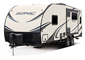 2018 Venture RV Sonic SN231VRL Travel Trailer Exterior Front 3-4 Off Door Side