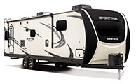 2018 Venture RV SportTrek Touring Edition STT322VRL Travel Trailer Exterior Front 3-4 Door Side