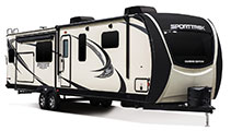 2018 Venture RV SportTrek Touring Edition STT343VIK Travel Trailer Exterior Front 3-4 Door Side