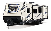 2018 Venture RV SportTrek ST322VBH Travel Trailer Exterior Front 3-4 Off Door Side