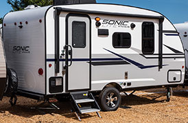 2019 Venture RV Sonic SN220VBH Travel Trailer Exterior Rear 3-4 Door Side