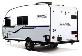 2019 Venture RV Sonic Lite SL168VRB Travel Trailer Exterior Rear 3-4 Off Door Side