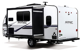 2019 Venture RV Sonic Lite SL169VMK Travel Trailer Exterior Rear 3-4 Off Door Side Slide Out