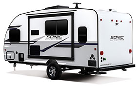 2019 Venture RV Sonic Lite SL169VMK Travel Trailer Exterior Rear 3-4 Off Door Side