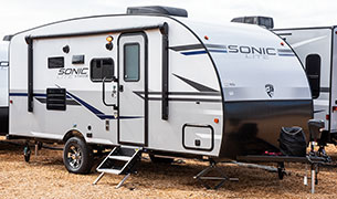 2019 Venture RV Sonic Lite SL169VUD Travel Trailer Exterior Front 3-4 Door Side