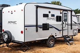 2019 Venture RV Sonic Lite SL169VUD Travel Trailer Exterior Rear 3-4 Door Side