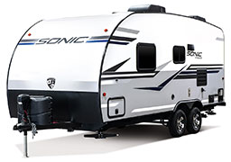 2019 Venture RV Sonic SN190VRB Travel Trailer Exterior Front 3-4 Off Door Side