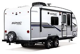 2019 Venture RV Sonic SN190VRB Travel Trailer Exterior Rear 3-4 Door Side