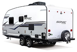 2019 Venture RV Sonic SN190VRB Travel Trailer Exterior Rear 3-4 Off Door Side