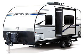 2019 Venture RV Sonic SN200VML Travel Trailer Exterior Front 3-4 Off Door Side with Slide Out