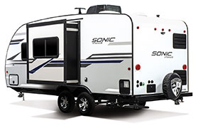 2019 Venture RV Sonic SN200VML Travel Trailer Exterior Rear 3-4 Off Door Side with Slide Out