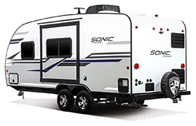 2019 Venture RV Sonic SN200VML Travel Trailer Exterior Rear 3-4 Off Door Side