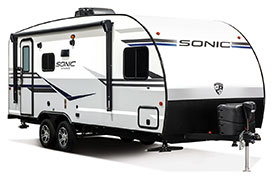 2019 Venture RV Sonic SN210VTB Travel Trailer Exterior Front 3-4 Door Side