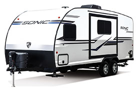 2019 Venture RV Sonic SN210VTB Travel Trailer Exterior Front 3-4 Off Door Side