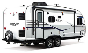 2019 Venture RV Sonic SN210VTB Travel Trailer Exterior Rear 3-4 Door Side