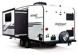 2019 Venture RV Sonic SN210VTB Travel Trailer Exterior Rear 3-4 Off Door Side with Slide Out