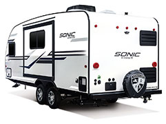 2019 Venture RV Sonic SN210VTB Travel Trailer Exterior Rear 3-4 Off Door Side