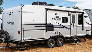 2019 Venture RV Sonic SN220VRB Travel Trailer Exterior Rear 3-4 Door Side