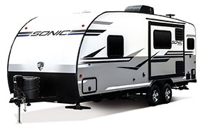 2019 Venture RV Sonic SN231VRK Travel Trailer Exterior Front 3-4 Off Door Side