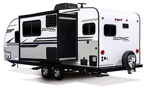 2019 Venture RV Sonic SN231VRK Travel Trailer Exterior Rear 3-4 Off Door Side Slide Out