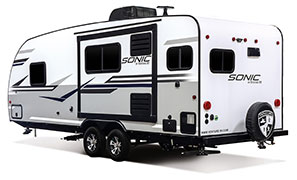 2019 Venture RV Sonic SN231VRK Travel Trailer Exterior Rear 3-4 Off Door Side