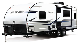 2019 Venture RV Sonic SN231VRL Travel Trailer Exterior Front 3-4 Off Door Side