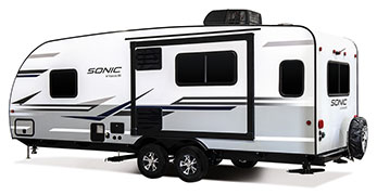 2019 Venture RV Sonic SN231VRL Travel Trailer Exterior Rear 3-4 Off Door Side