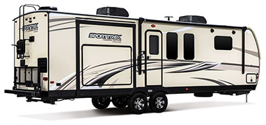 2019 Venture RV SportTrek Touring Edition STT293VRK Travel Trailer Exterior Rear 3-4 Door Side