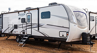 2019 Venture RV SportTrek Touring Edition STT302VRB Travel Trailer Exterior Front 3-4 Door Side