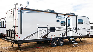 2019 Venture RV SportTrek Touring Edition STT302VRB Travel Trailer Exterior Rear 3-4 Door Side