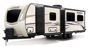 2019 Venture RV SportTrek Touring Edition STT312VBH Travel Trailer Exterior Front 3-4 Off Door Side with Slide Out