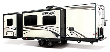 2019 Venture RV SportTrek Touring Edition STT312VBH Travel Trailer Exterior Rear 3-4 Off Door Side with Slide Out