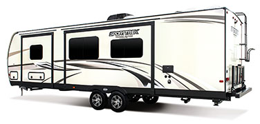 2019 Venture RV SportTrek Touring Edition STT312VBH Travel Trailer Exterior Rear 3-4 Off Door Side