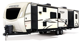 2019 Venture RV SportTrek Touring Edition STT333VFK Travel Trailer Exterior Front 3-4 Off Door Side with Slide Out