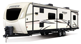 2019 Venture RV SportTrek Touring Edition STT333VFK Travel Trailer Exterior Front 3-4 Off Door Side