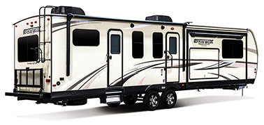 2019 Venture RV SportTrek Touring Edition STT333VFK Travel Trailer Exterior Rear 3-4 Door Side