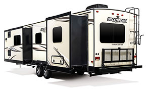 2019 Venture RV SportTrek Touring Edition STT333VFK Travel Trailer Exterior Rear 3-4 Off Door Side with Slide Out