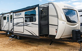 2019 Venture RV SportTrek Touring Edition STT333VFK Travel Trailer Exterior Front 3-4 Door Side