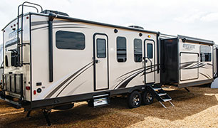 2019 Venture RV SportTrek Touring Edition STT333VFK Travel Trailer Show Exterior Rear 3-4 Door Side