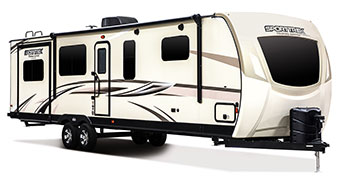 2019 Venture RV SportTrek Touring Edition STT333VRE Travel Trailer Exterior Front 3-4 Door Side