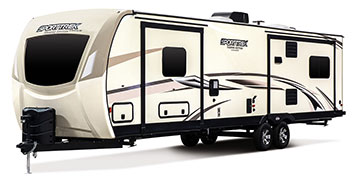 2019 Venture RV SportTrek Touring Edition STT333VRE Travel Trailer Exterior Front 3-4 Off Door Side