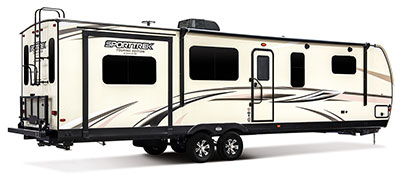 2019 Venture RV SportTrek Touring Edition STT333VRE Travel Trailer Exterior Rear 3-4 Door Side