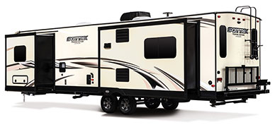 2019 Venture RV SportTrek Touring Edition STT333VRE Travel Trailer Exterior Rear 3-4 Off Door Side with Slide Out