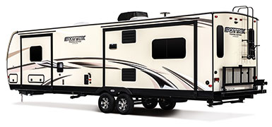 2019 Venture RV SportTrek Touring Edition STT333VRE Travel Trailer Exterior Rear 3-4 Off Door Side