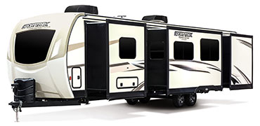 2019 Venture RV SportTrek Touring Edition STT343VBH Travel Trailer Exterior Front 3-4 Off Door Side wtih Slide Out